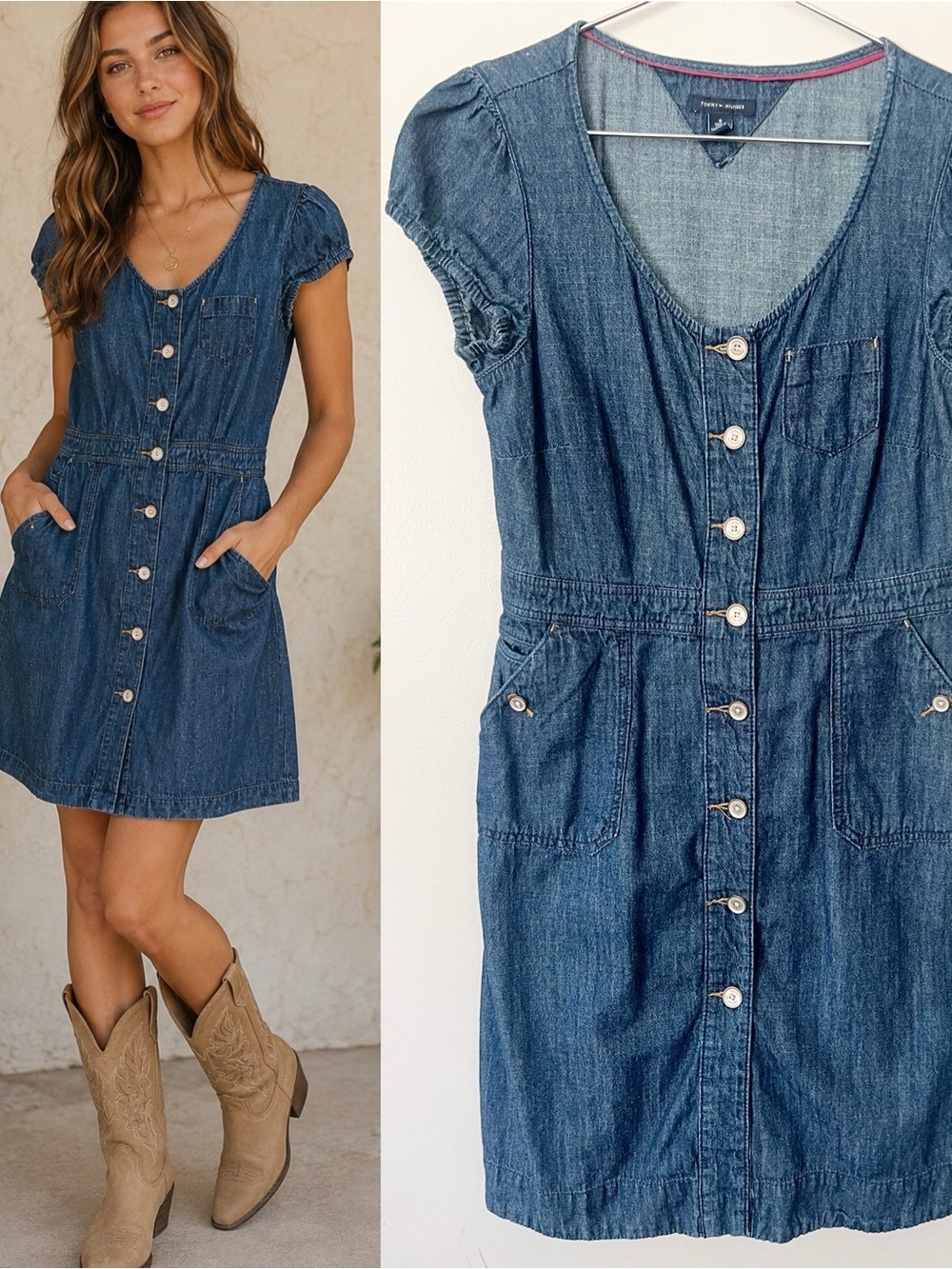 Tommy Hilfiger Y2K Denim Button Front Dress 8 Western Cowgirl Feminine Coastal
